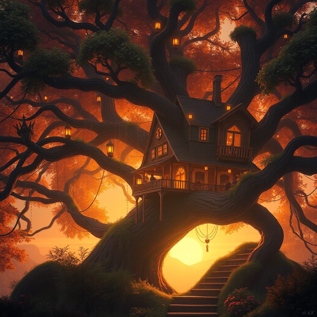 Whimsical Treehouse Amidst Golden Twilight