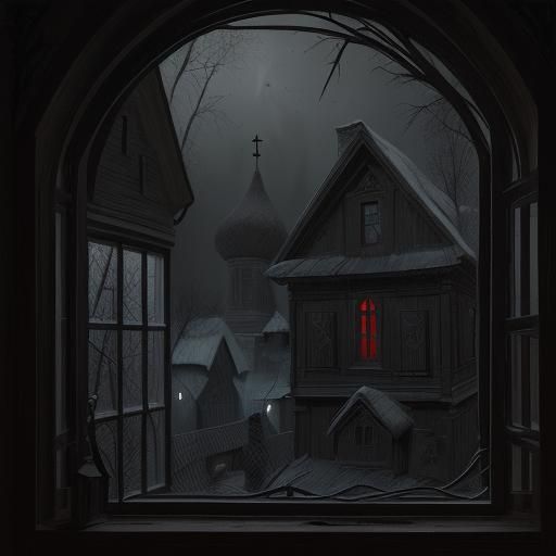 Creepy Russian Village House with Witch, Doré Style