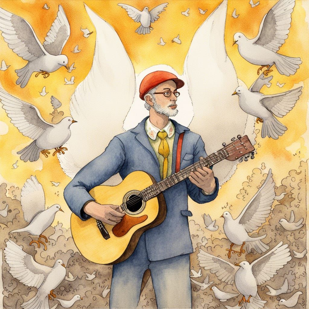 Dove-Man Superhero in Watercolor Flock of Doves