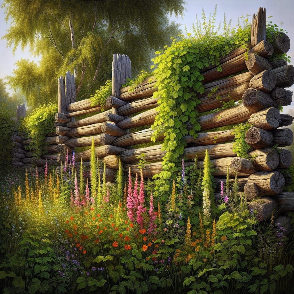 Rustic Wooden Fence Transformed by Vibrant Wildflowers