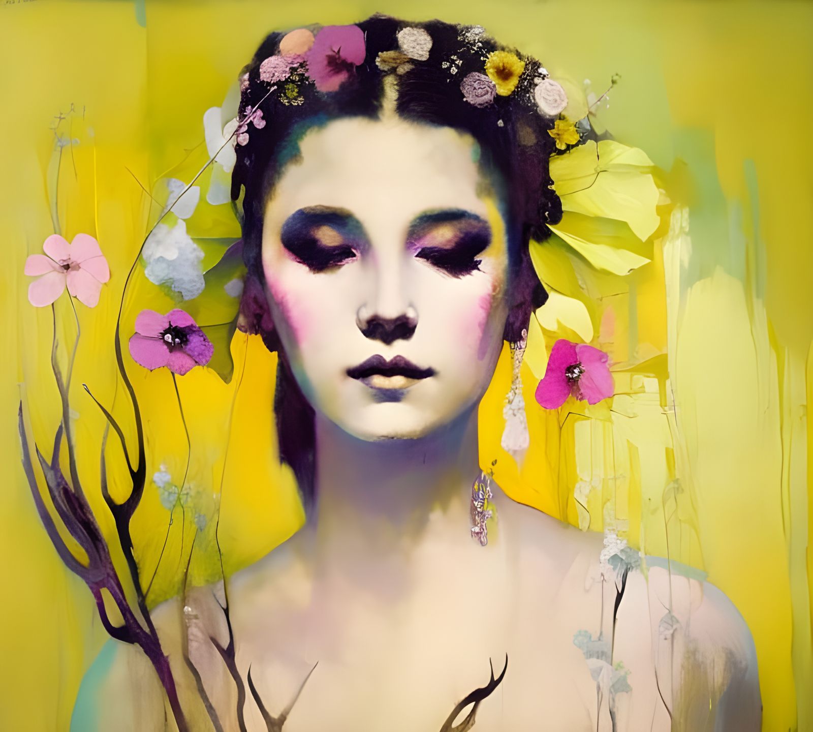 Ghost Woman with Antlers and Flowers: Sinister Portrait