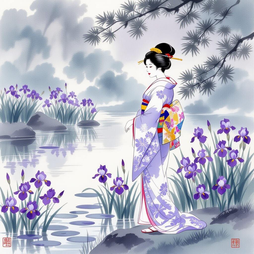 Woman at Pond in Ukiyo-e Style with Irises