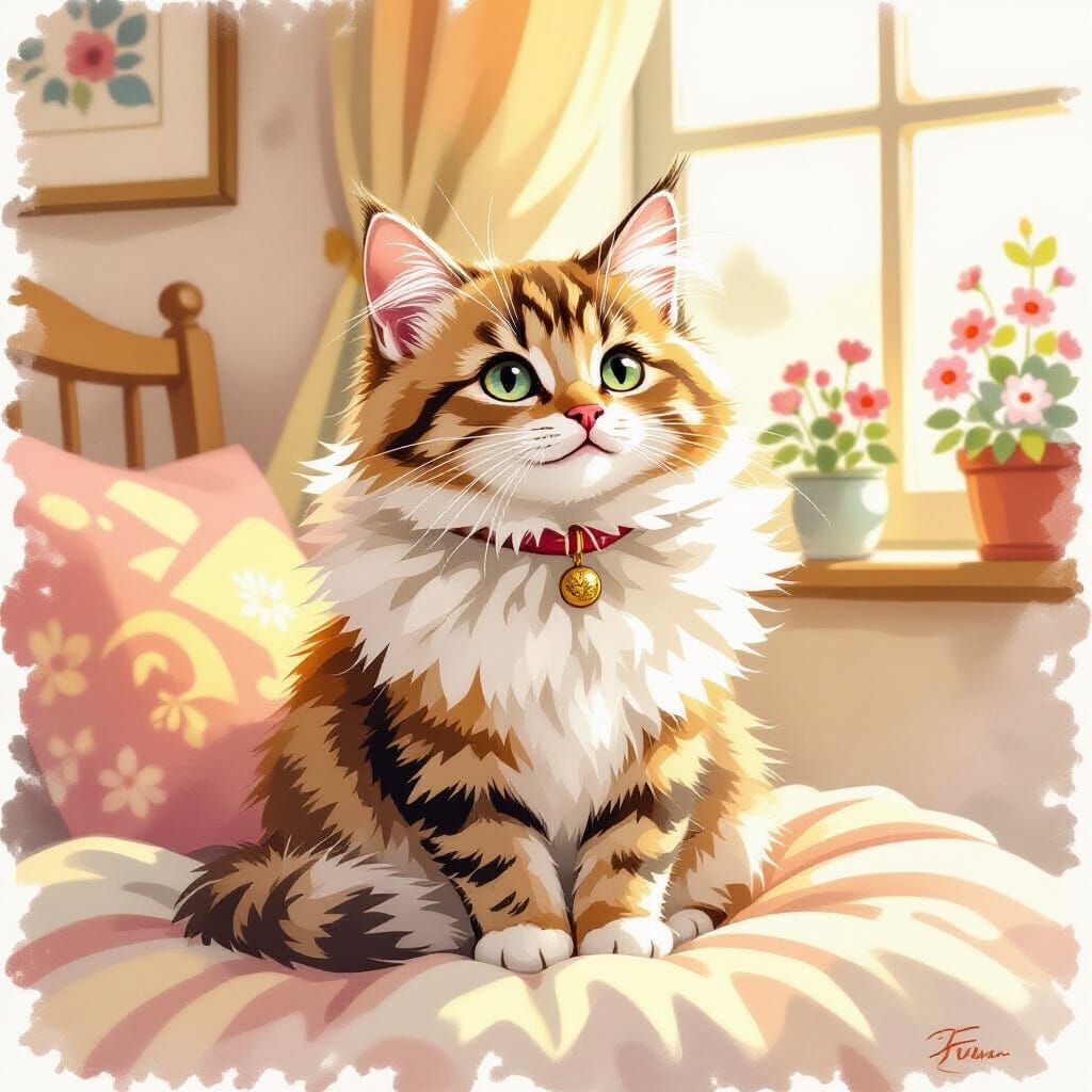 Whimsical Cat Portrait in Watercolor Style