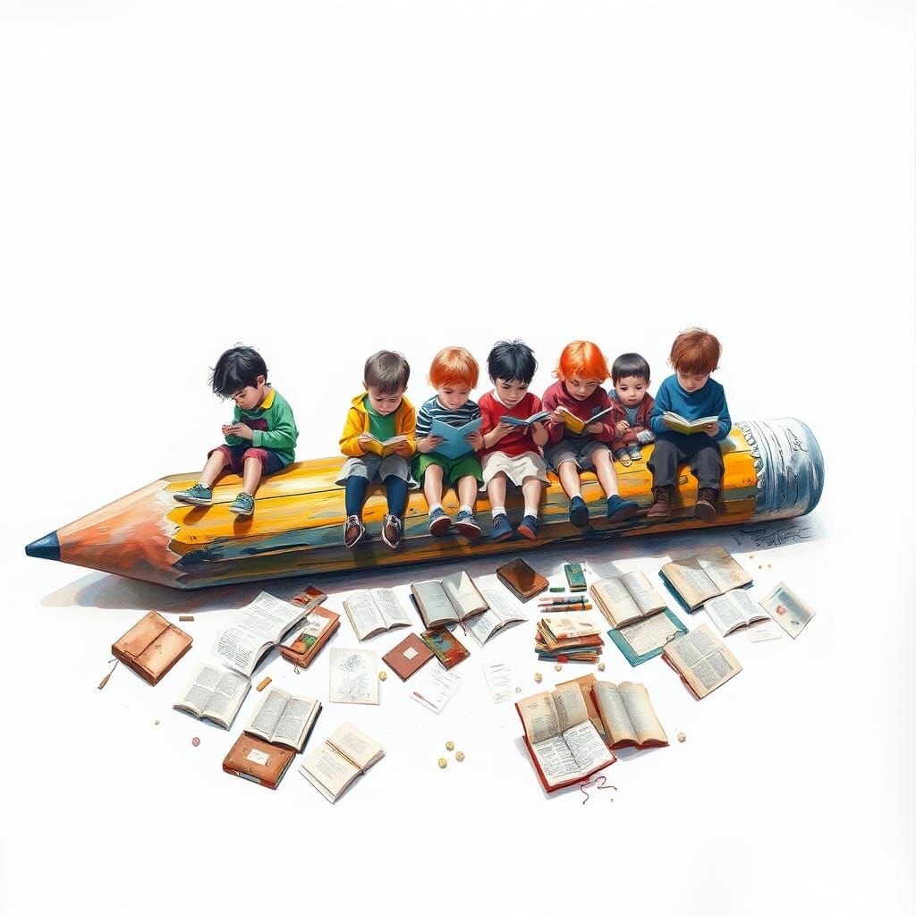 Children Reading on a Pencil: Gouache and Watercolor Paintin...