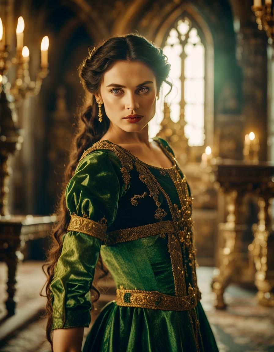 Medieval Lady in Green Dress, Cinematic Lighting