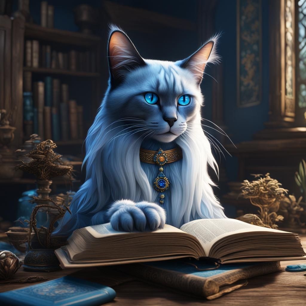Balinese Cat Reading Book: Detailed Matte Painting