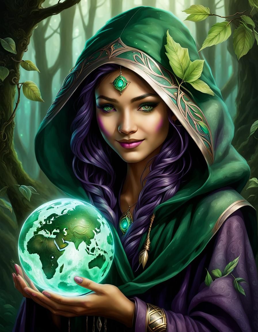 Ethereal Druid with Glowing Globe and Leaf Tattoo