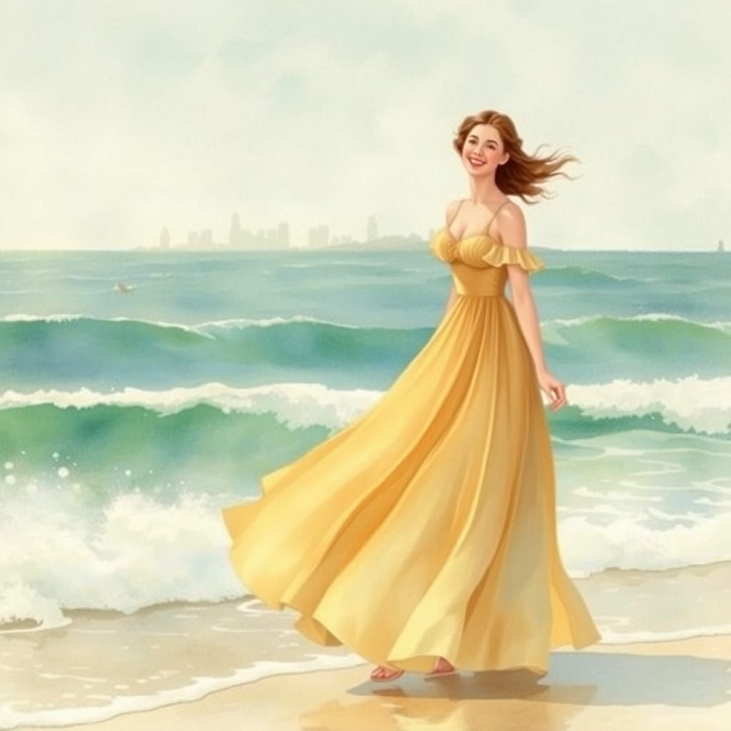 Elegant Woman Strolls Along Whimsical Shore in Dreamy Waterc...