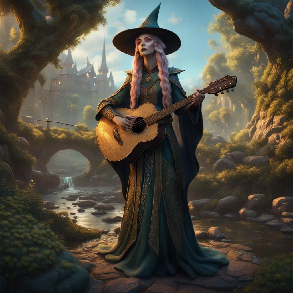 Elven Witch Folk Singer in Detailed Fantasy Art
