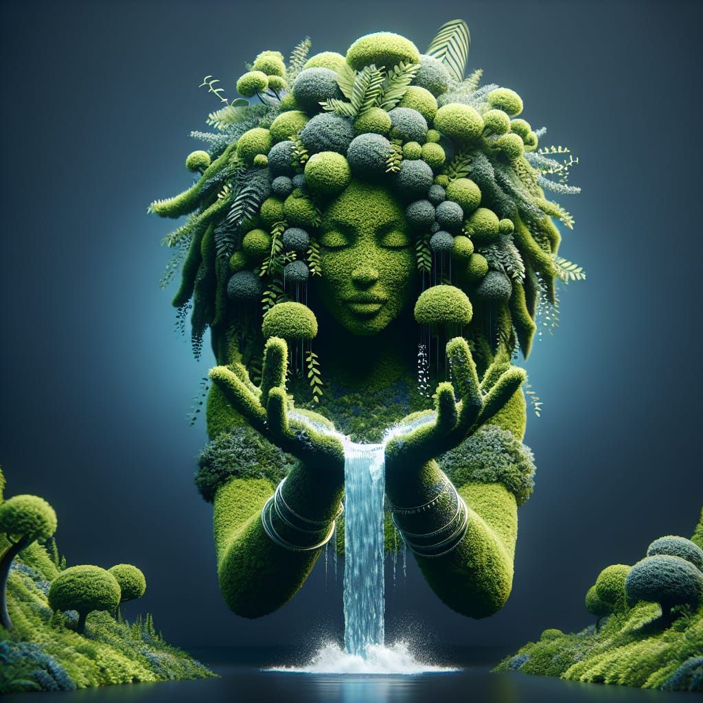 Lush Topiary Afrogoddess with Waterfall, 8k Concept Art