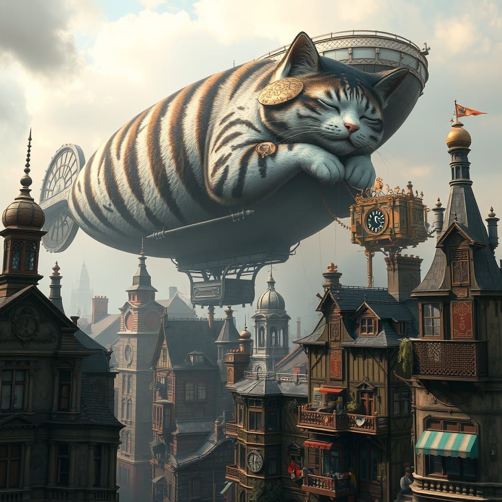Steampunk Cat Airship Over Victorian City