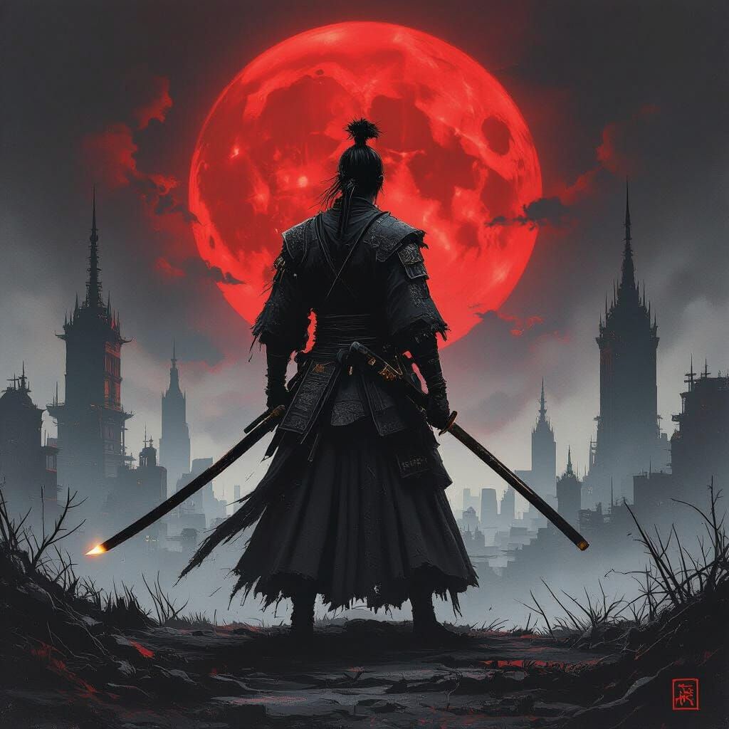 Samurai Silhouette Against Crimson Moon, Cyberpunk Fantasy