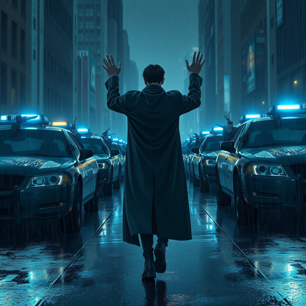 Dramatic Surrender in Rainy Cityscape, Anime Style