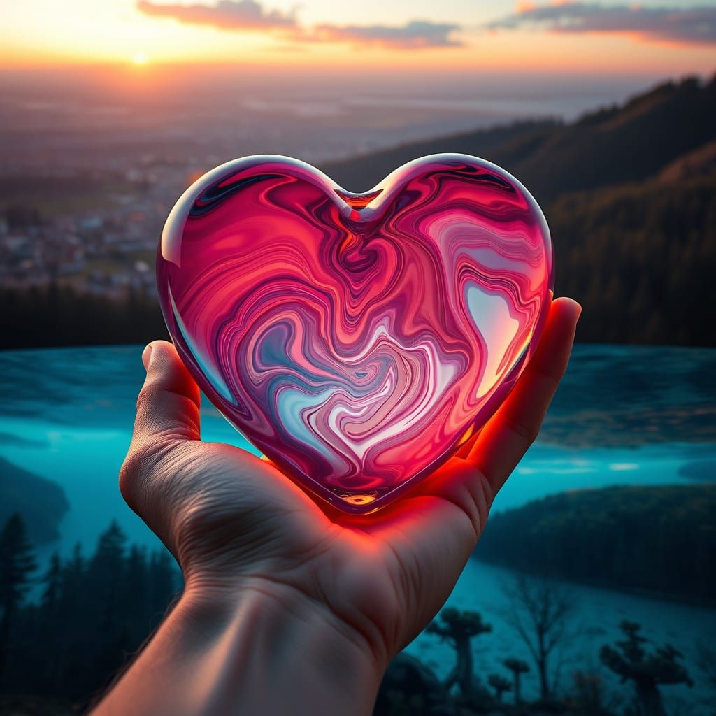 Vibrant Sunset Glass Loveheart in Hand, Optical Illusion Art