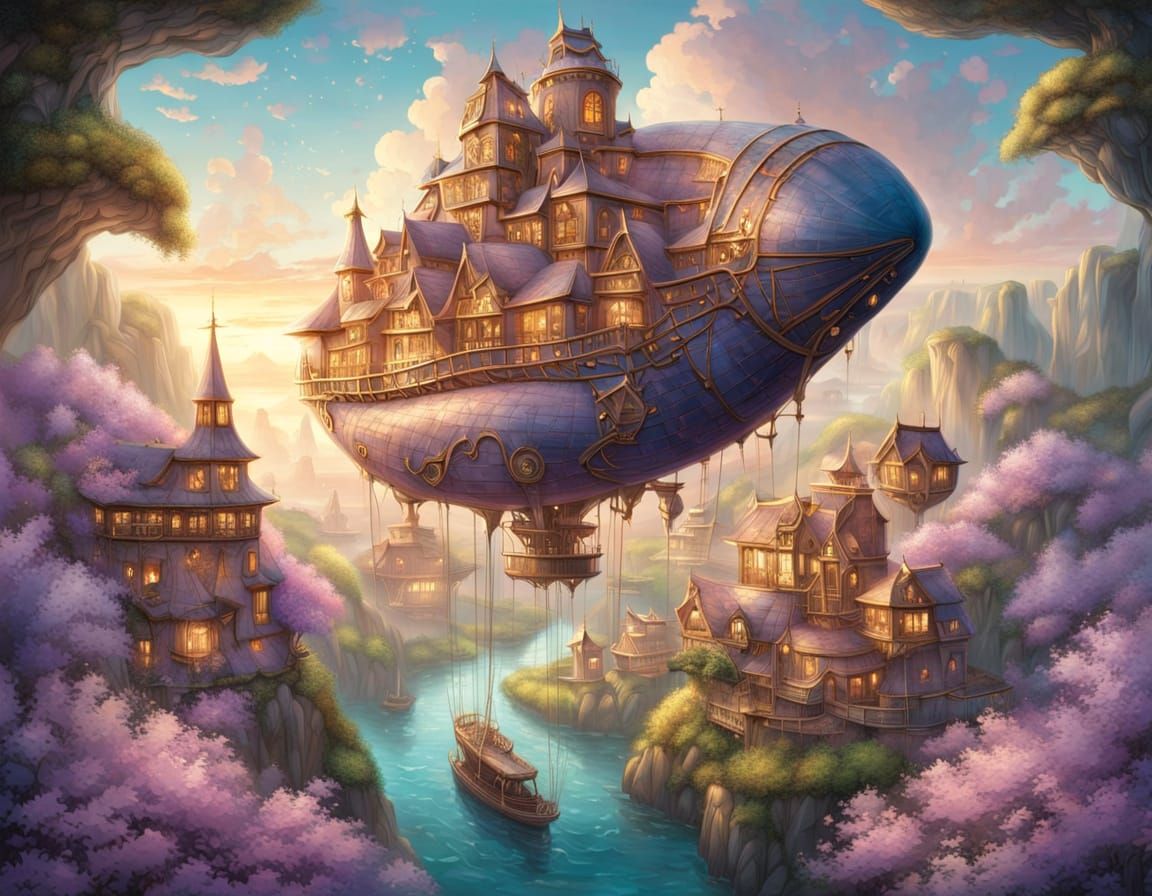 Whimsical Amano-Inspired Airship Village Rises in the Dawn