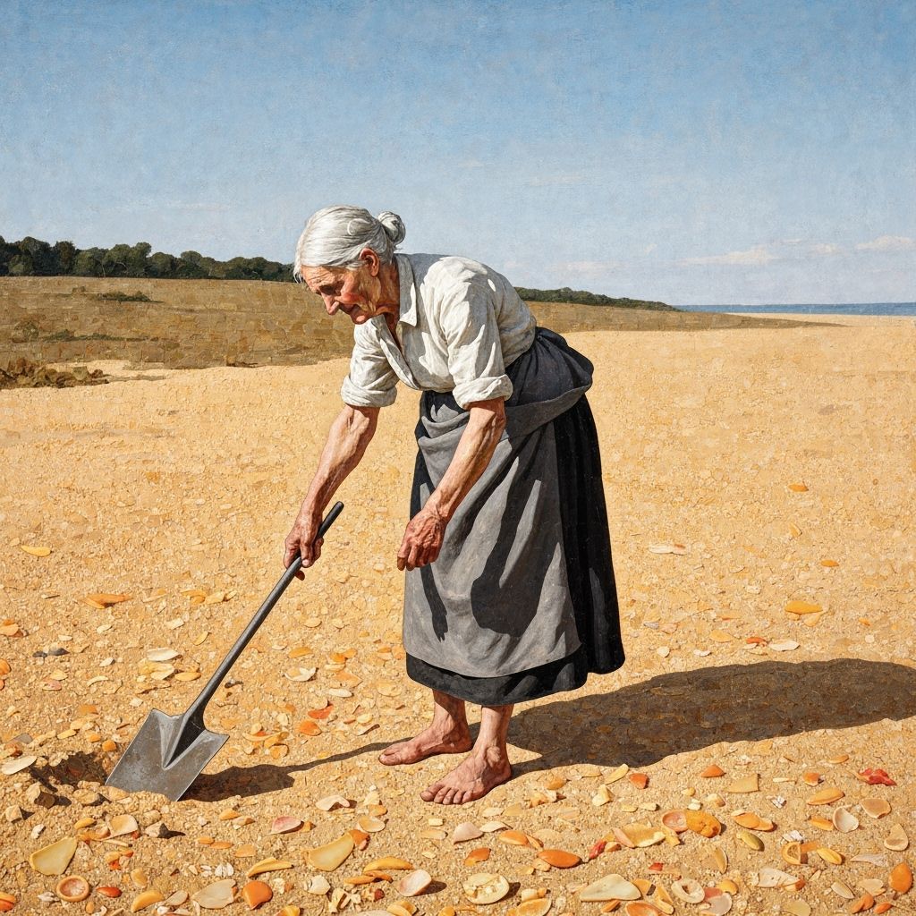 Geriatric Woman Digging in Sand as Food Scrap Collage