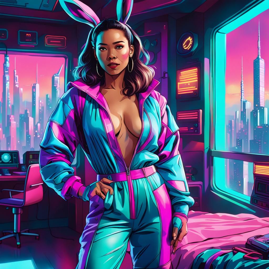 Retrofuturist Cyberpunk: Woman in Vaporwave Bedroom