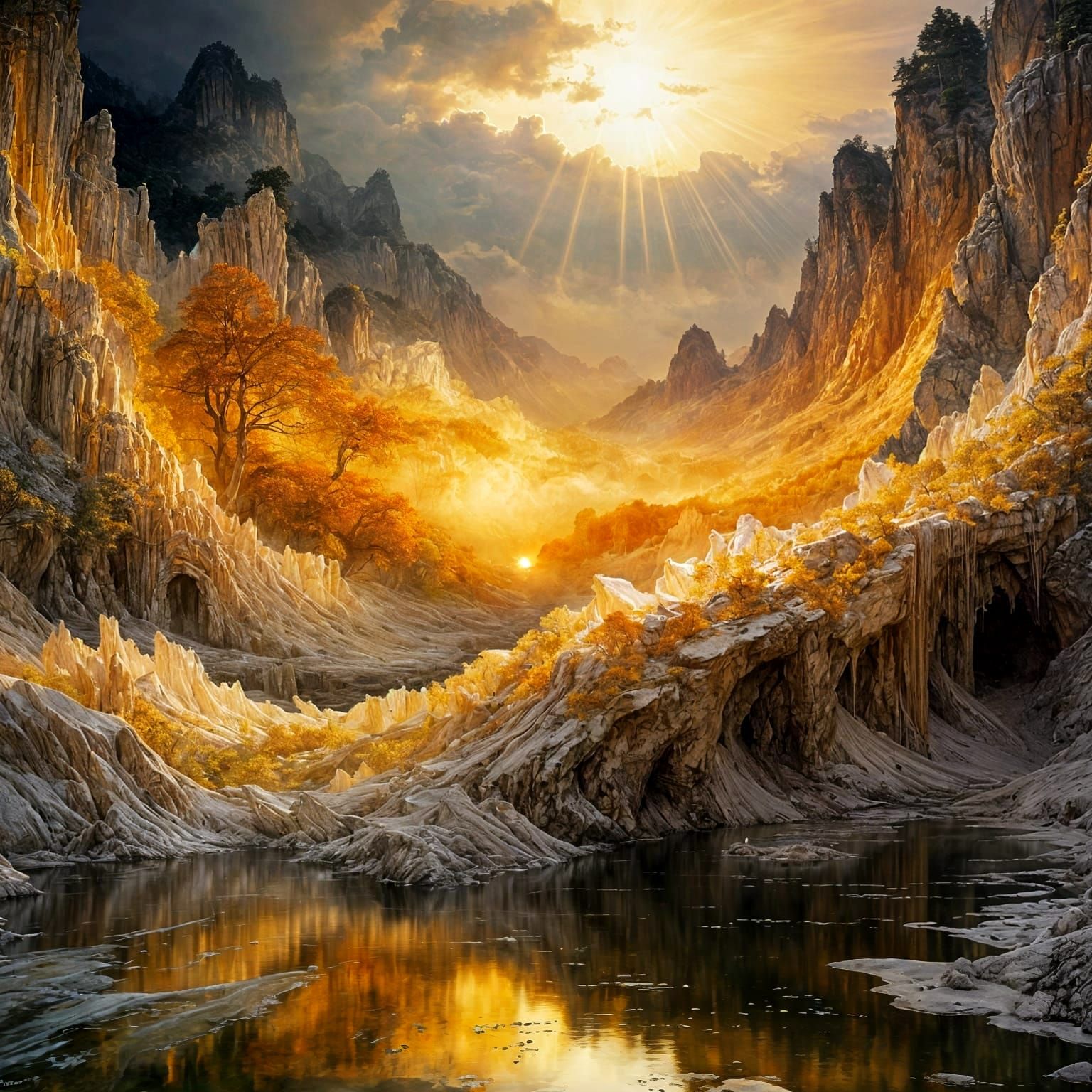 Ethereal Golden Landscape in Vibrant Aquarelle Style