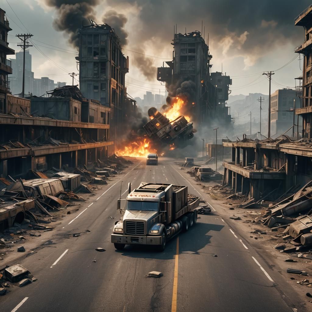 Post-Apocalyptic Futuristic Semi Truck on Ruined Highway