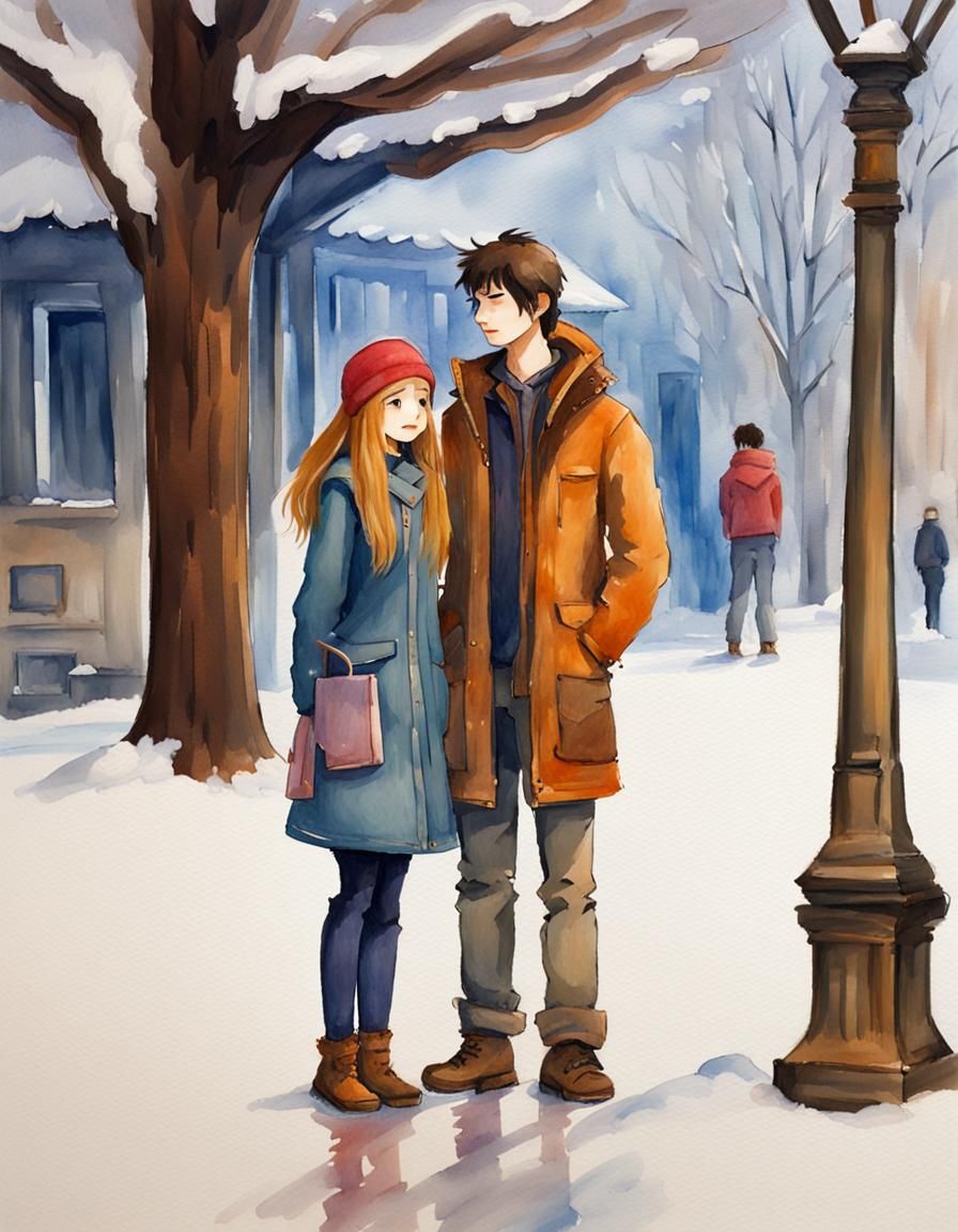 Anime Winter Scene in Gouache Watercolor Style