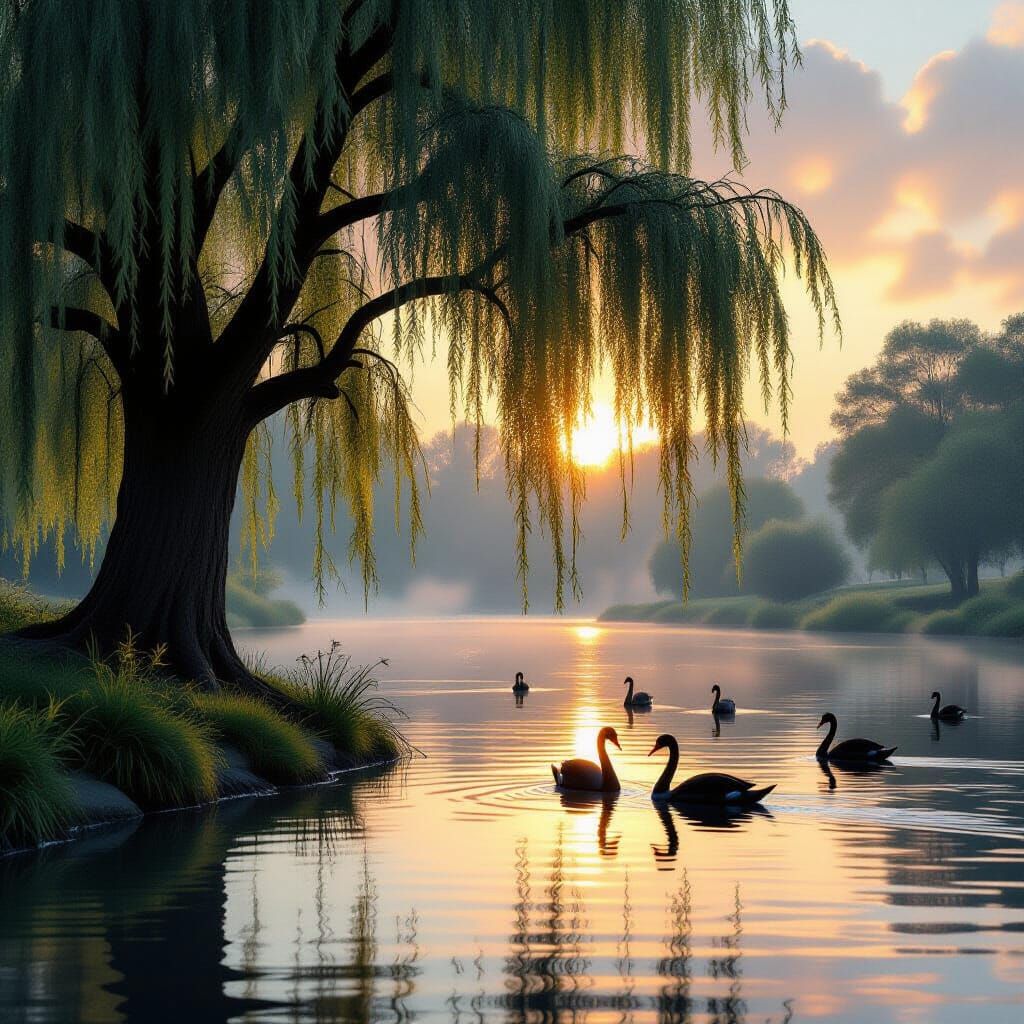 Misty Sunrise Over River With Weeping Willow and Black Swans