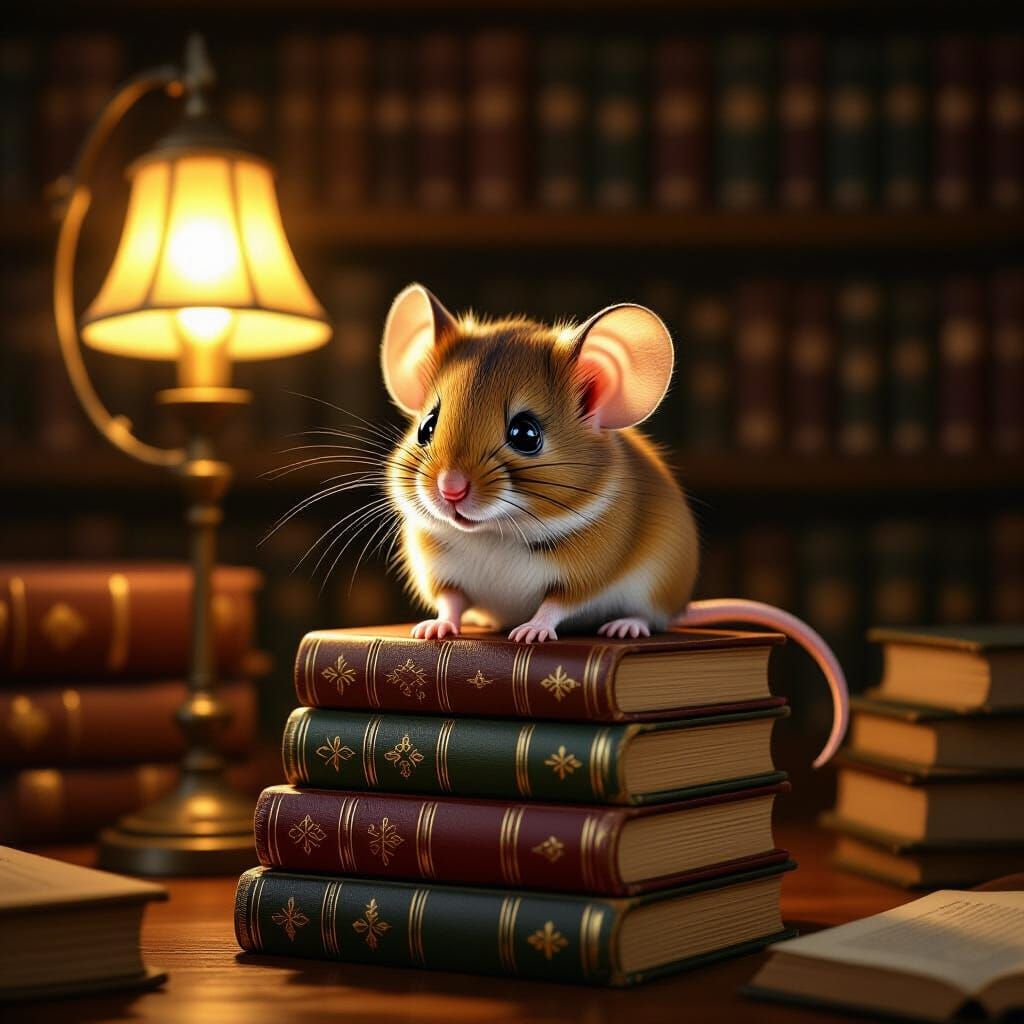 Adorable Mouse on Books in Cozy Library