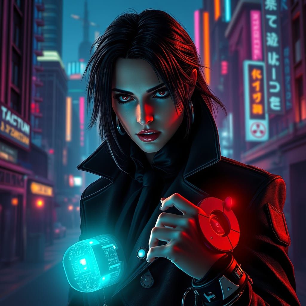 Cyberpunk Vampire Navigates Dystopian Cityscape with Futuris...