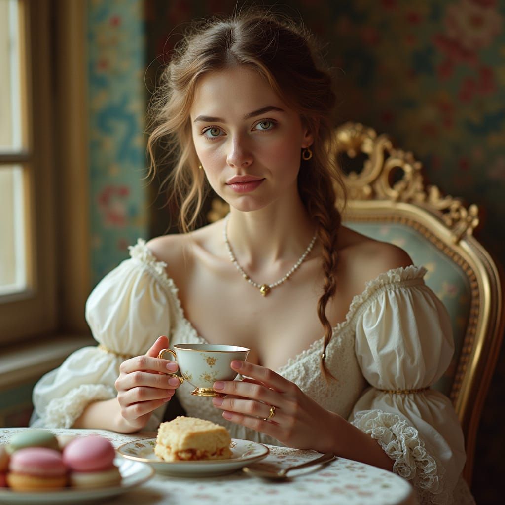 Rococo Marie Antoinette Sips Tea in Versailles
