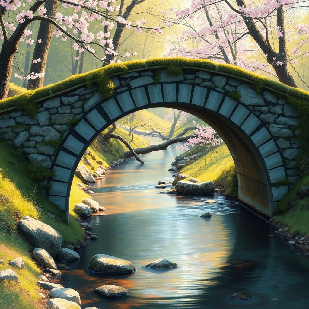 Surreal Stone Bridge Reflects Spring Morning in Impressionis...