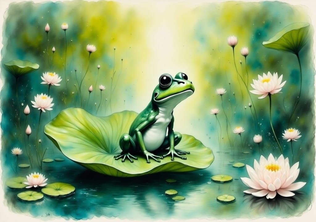 Whimsical Prince Frog on Lily Pad, Impressionistic Style