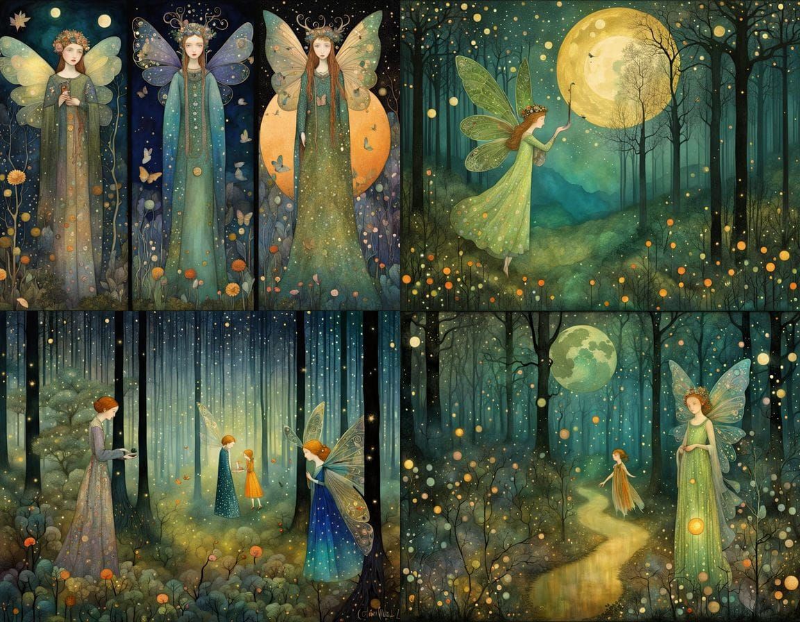 Whimsical forest fairies at night, In the style of Harry Clarke, Gustav Klimt, Frederick Cayley Robinson, Kay Nielsen, E...