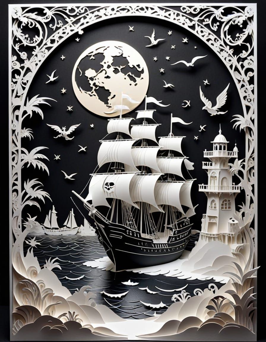 Kirigami Paper Art: Moonlit Pier with Pirate Ship Sailing