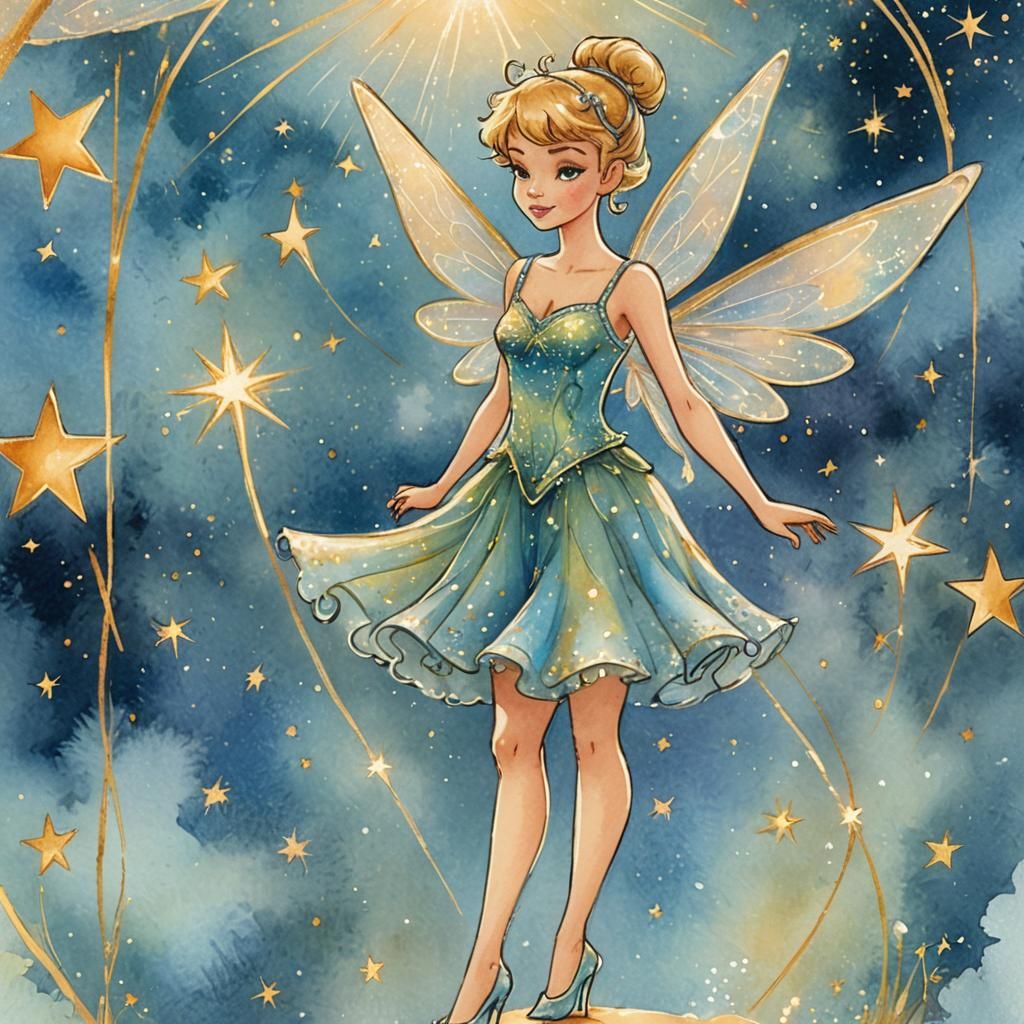 Tinkerbell on the Star Tarot Card in Watercolor Style