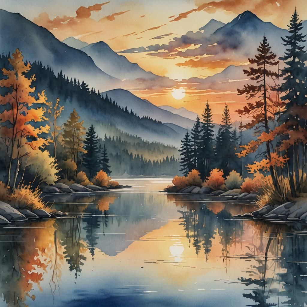 Watercolor Sunset Over Serene Lake