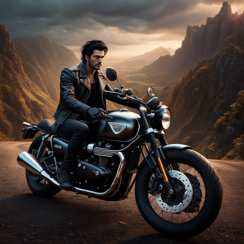 Man on Triumph Motorcycle: Detailed Matte Painting