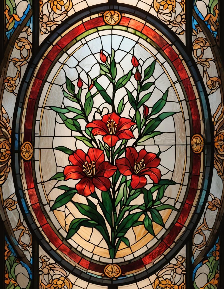 Stained Glass Oleander Flower in Oval Frame