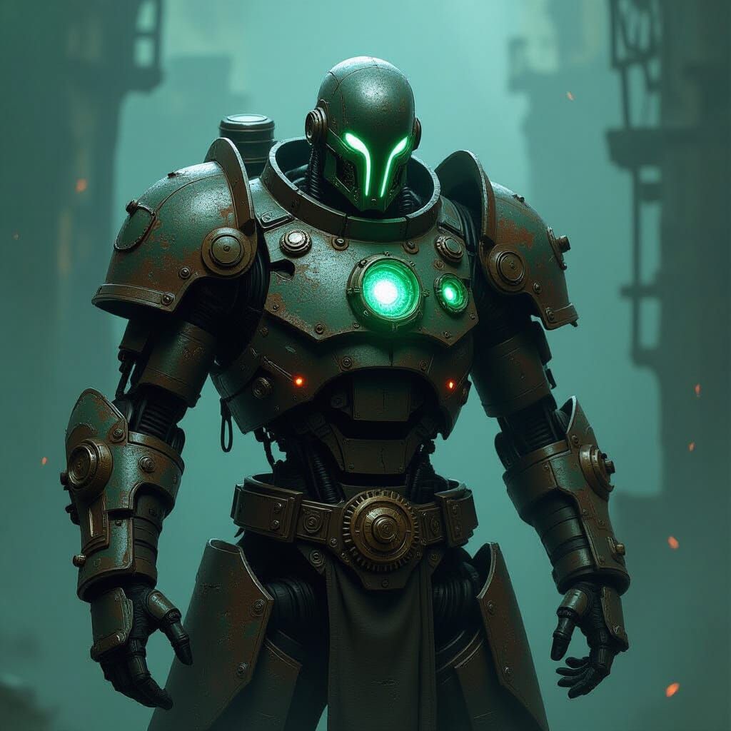 Steampunk Warforged Warrior With Greenish Bioluminescence