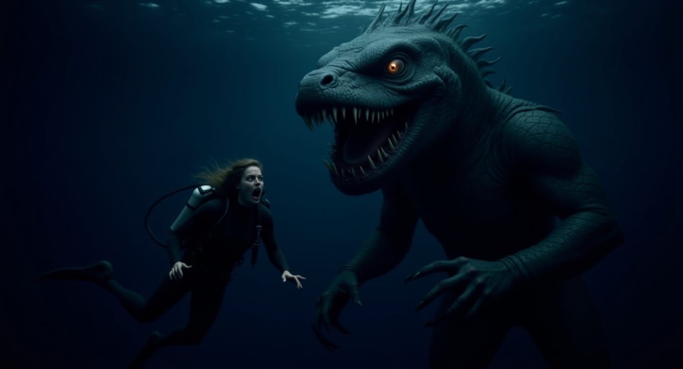 Scuba Diver Chased by Jormungandr in Dark Ocean