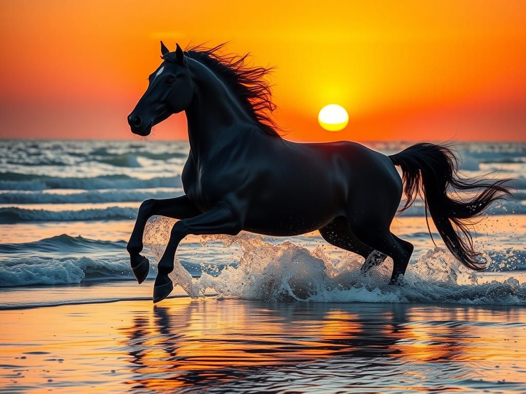 Majestic Black Horse Galloping on Beach at Sunset