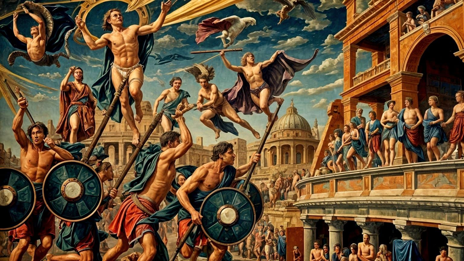 Epic Frescoes Battle in Roman Colosseum, Photorealistic