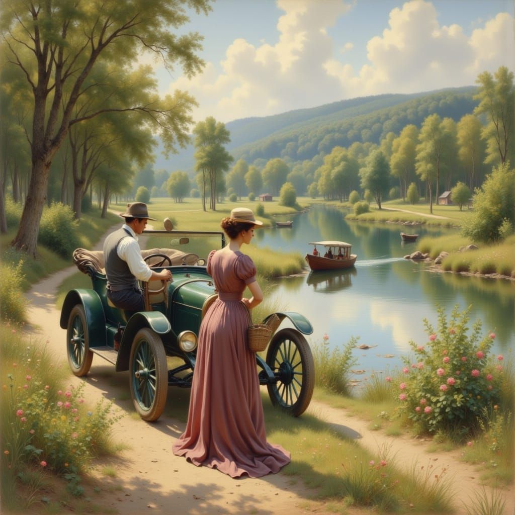 1920s Couple's River Road Trip in Impressionist Style