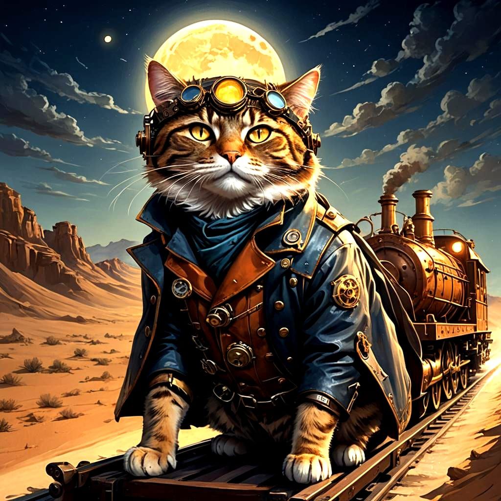 Steampunk Cat Driving Train in Moonlight, Hyperrealistic 3D