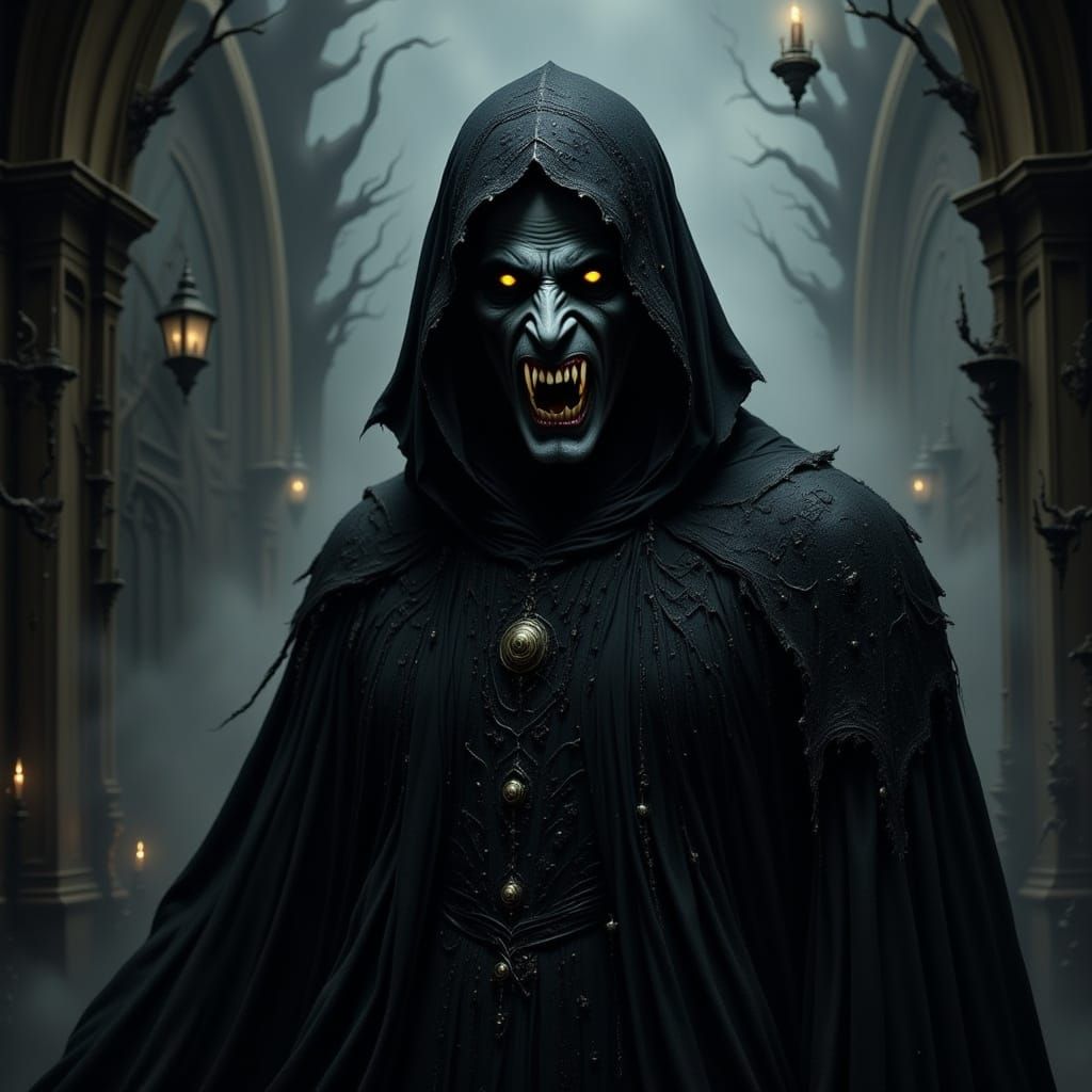 Gothic Vampire with Bloody Fangs in Dark, Mysterious Landsca...