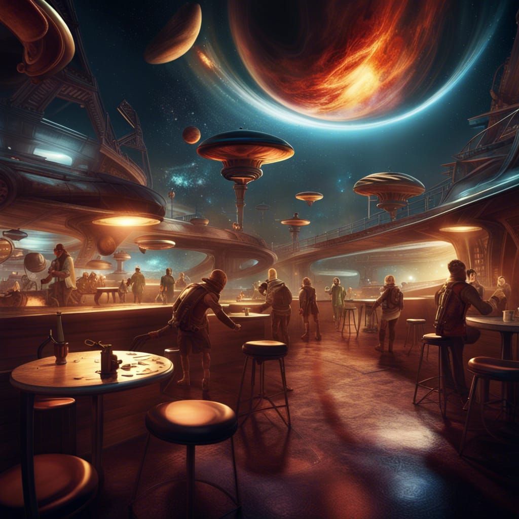Cosmic Cafe with Alien Humanoids in Digital Art