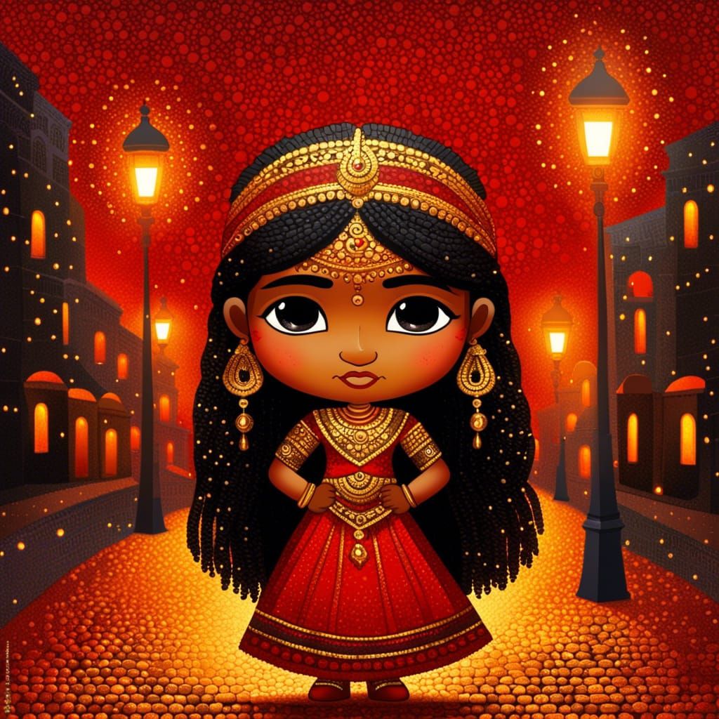 Chibi Indian Princess in Pointillist Street Scene