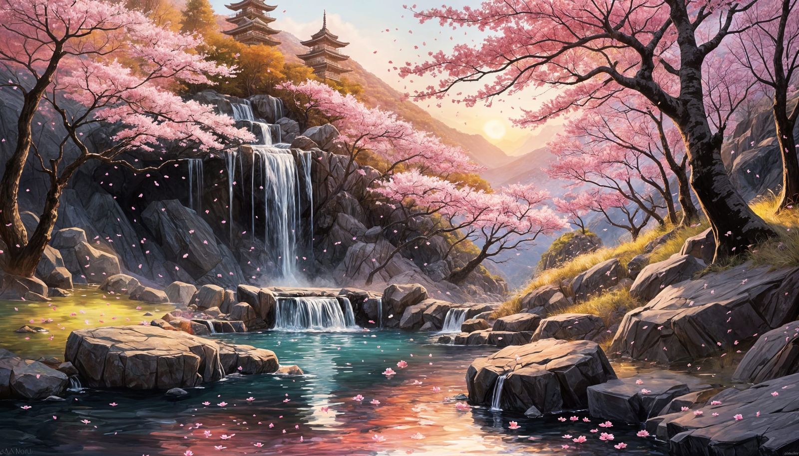 Secluded Hot Spring with Sakura Trees at Sunset