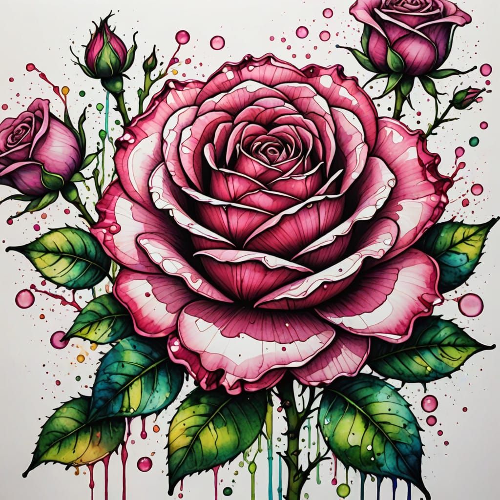 Vibrant Rose Artwork in Doodle Style with Realistic Details