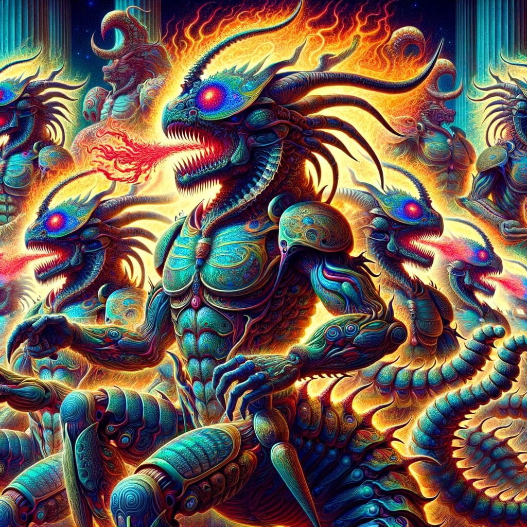 Psychedelic Scorpion Humanoids in Ancient Temple