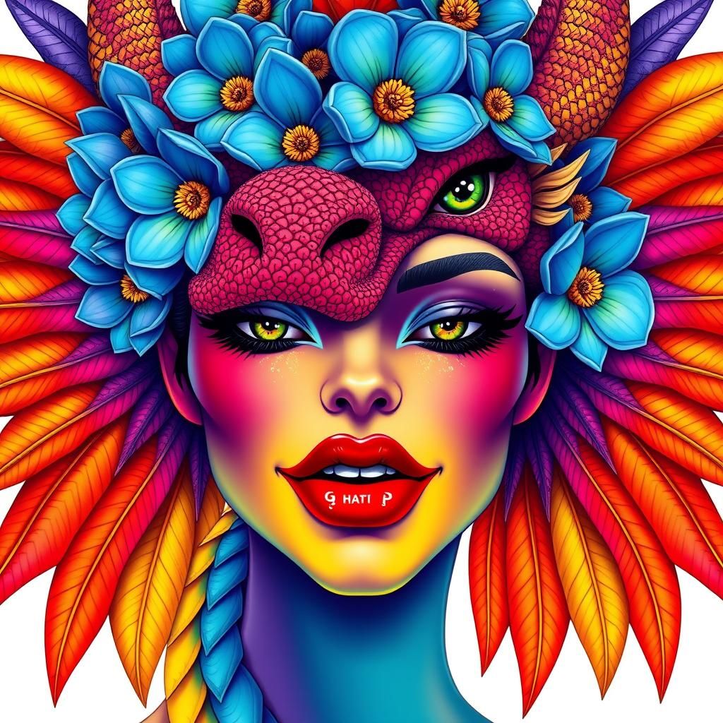 Dragon Woman with Rainbow Skin and Flower Crown
