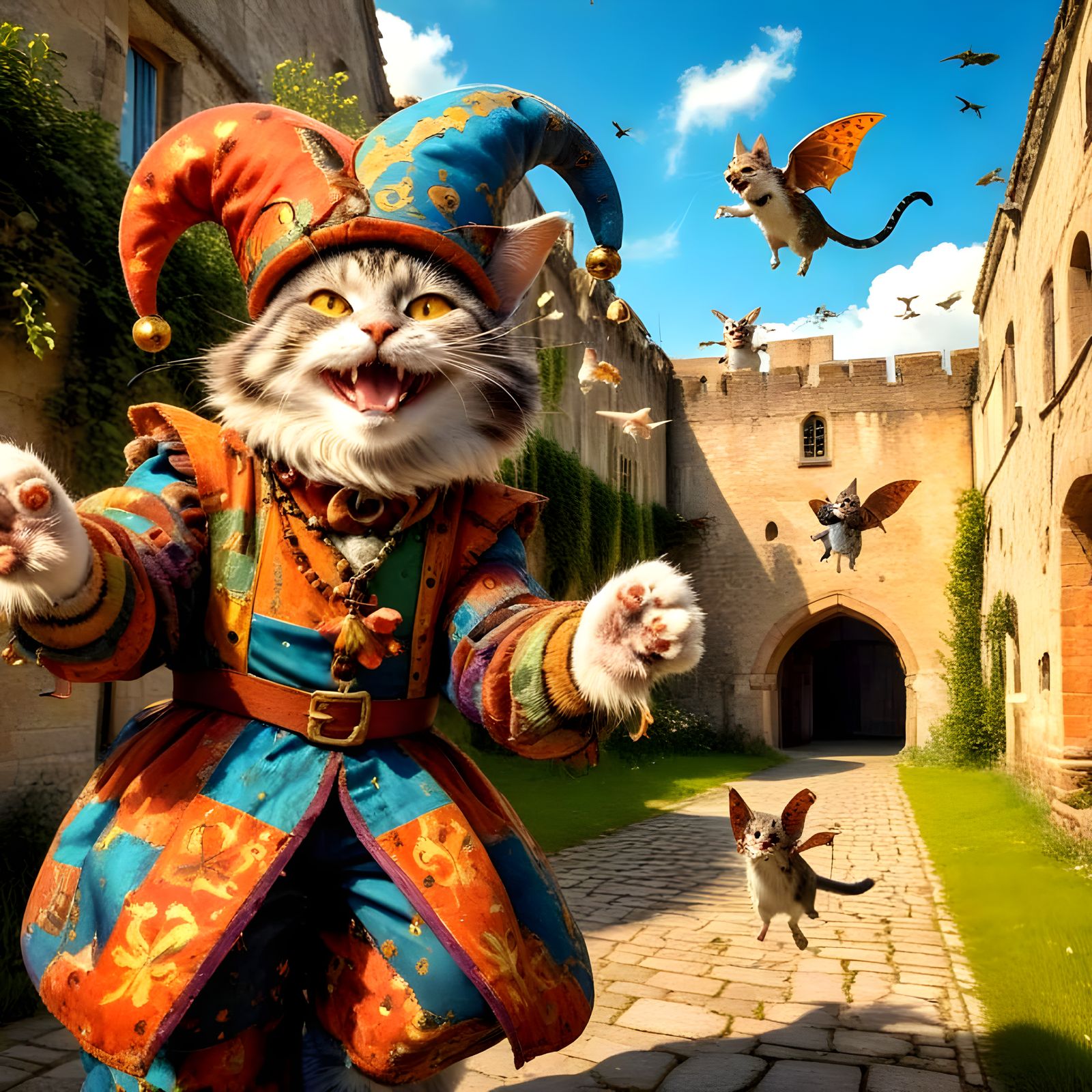 A Cat Jester and Flying Mice